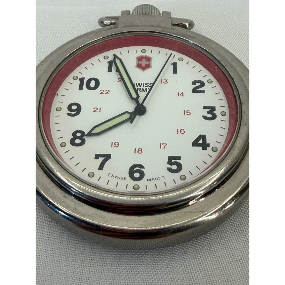 Swiss Army Victorinox Pocket Watch Silver Tone Red Bezel White Dial Swiss Made